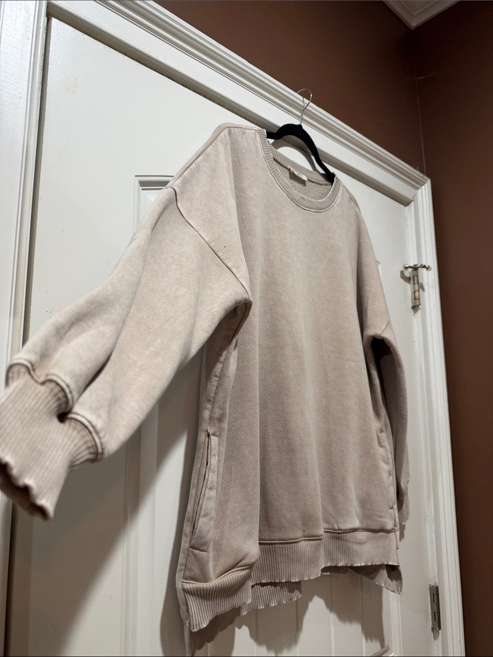 Zenana Outfitters Oversized Crewneck Sweatshirt in Light Taupe - Picture 3 of 6